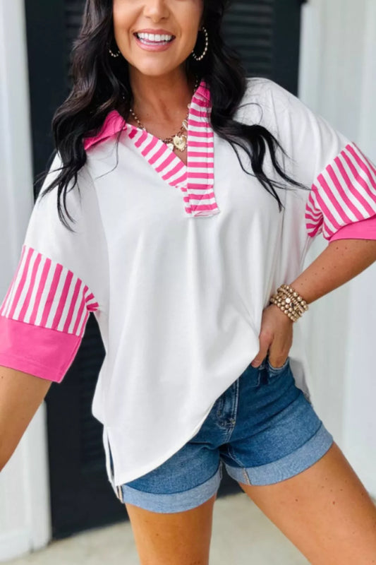 Striped Color Block Patchwork Polo Collar Half Sleeve T Shirt