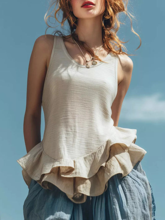 Ruffled Hem Round Neck Tank