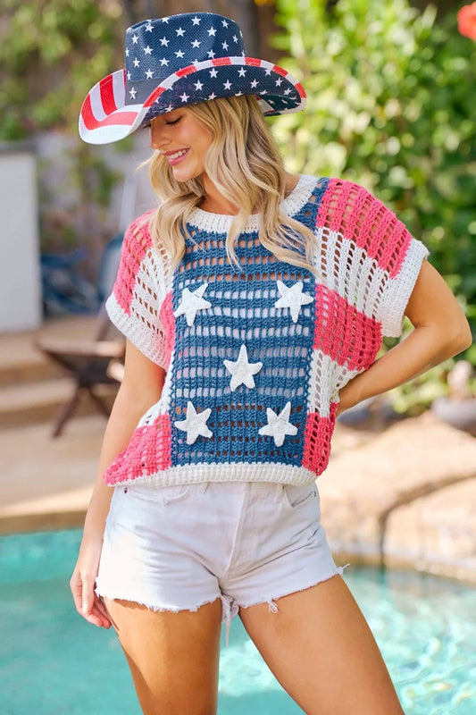 BiBi Crochet Star Patches 4th Of July Sweater Cover Up