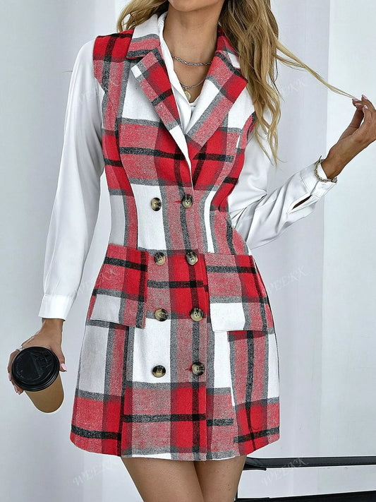 Plaid Double-Breasted Sleeveless Blazer Dress