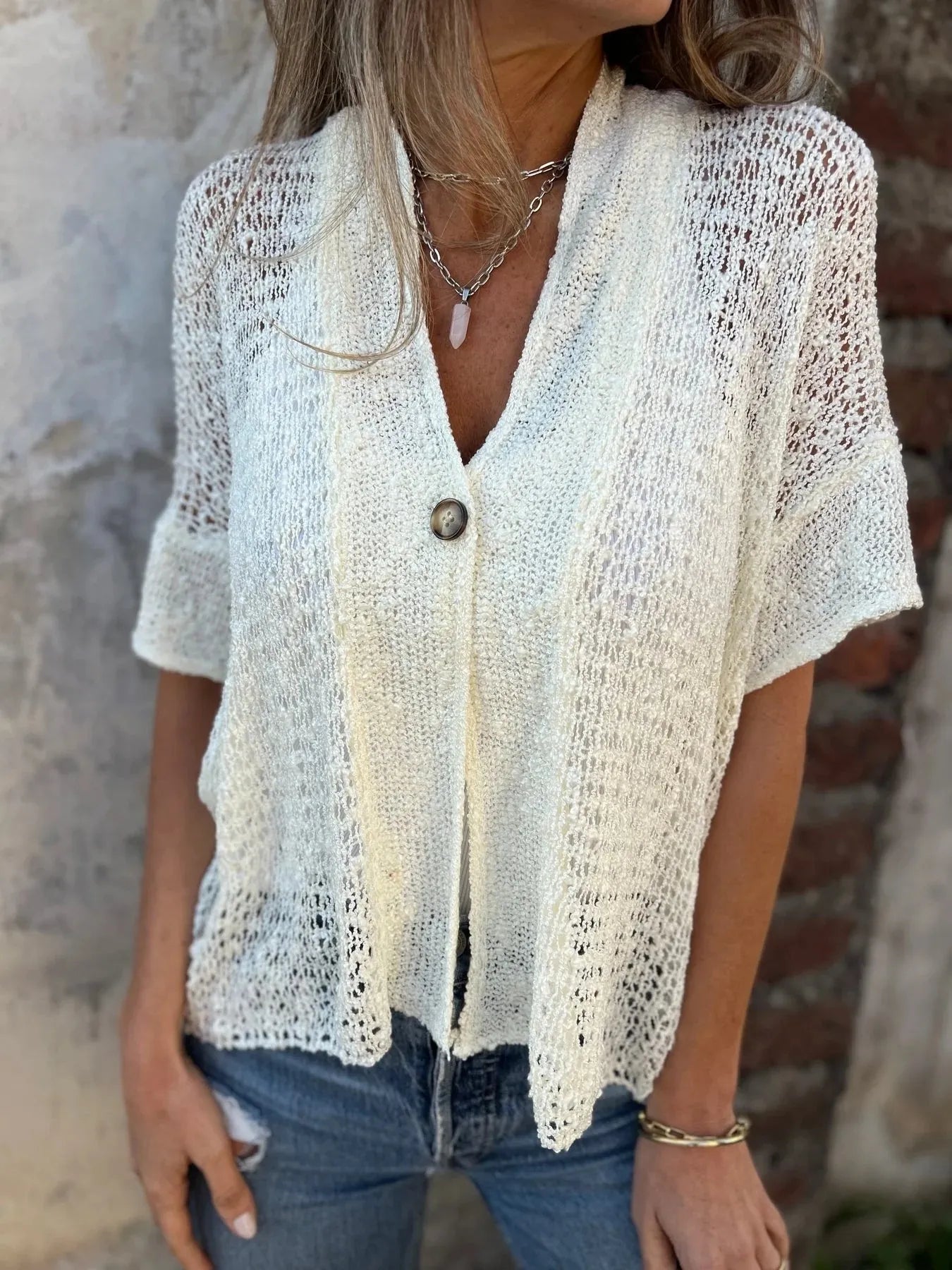 Full Size One Button Half Sleeve Cardigan Plus Size