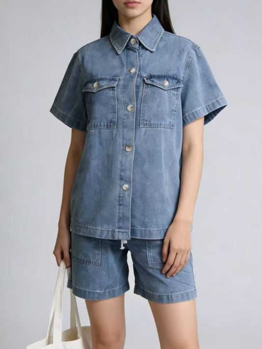 Button Up Short Sleeve Top and Shorts Denim Set