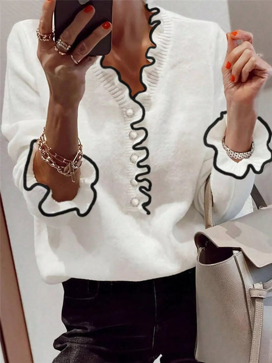 Ruffled Trim Button Front Sweater