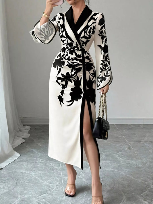 Slit Long Sleeve Wrap Midi Dress