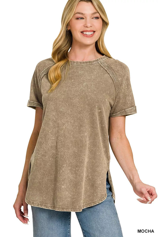 Zenana French Terry Washed Curved Hem Top