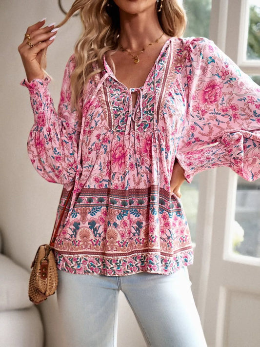 Floral Print Tie Neck Bohemian Blouse