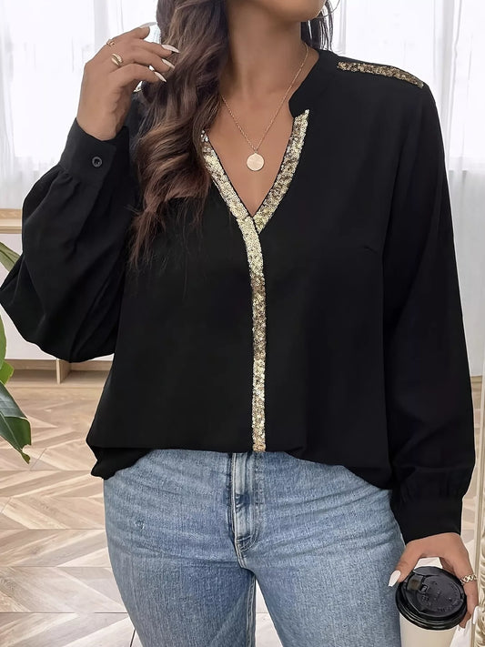 Sequin Trim Notched Long Sleeve Blouse