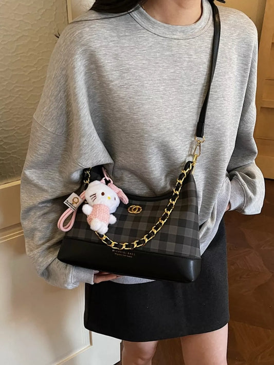 Plaid Pattern Chain Decor Shoulder Bag