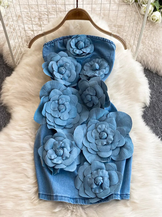 Floral Applique Strapless Denim Dress