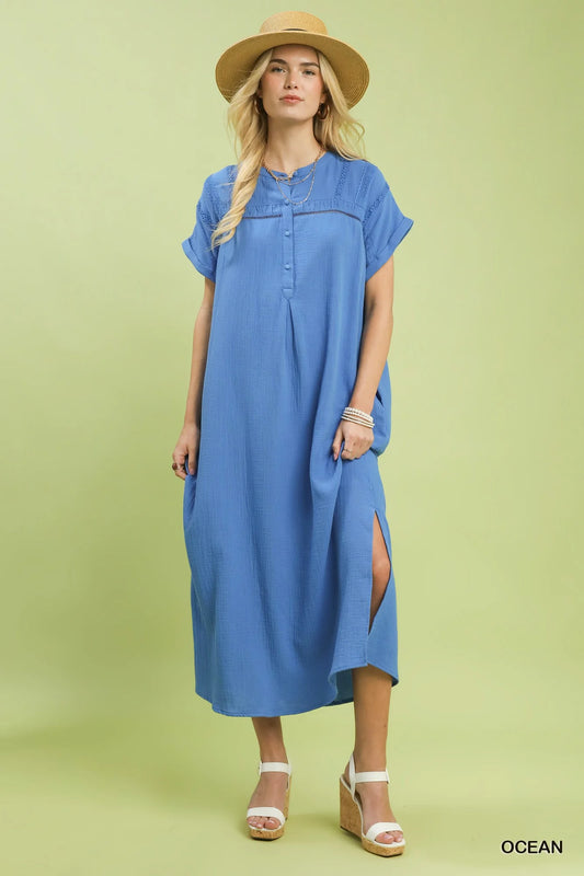 Umgee Button-Front Gauze Midi Dress with Lace Detail