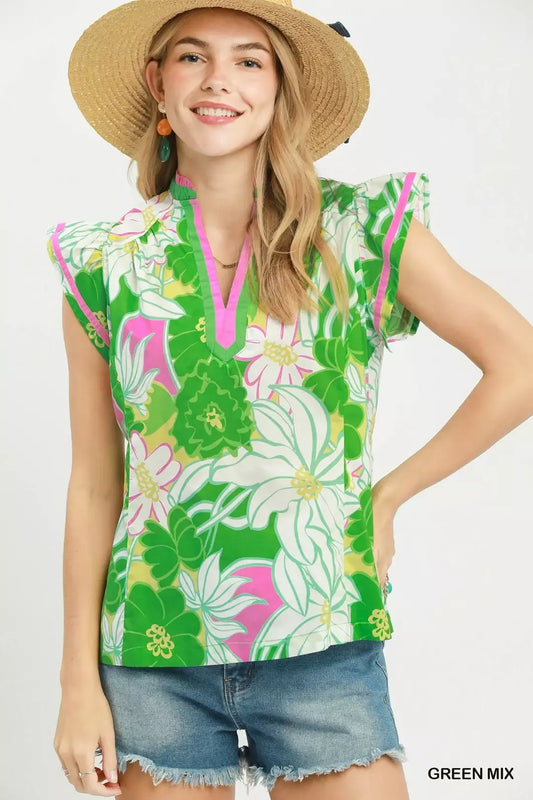 Umgee Bold Floral Flutter Sleeve Top
