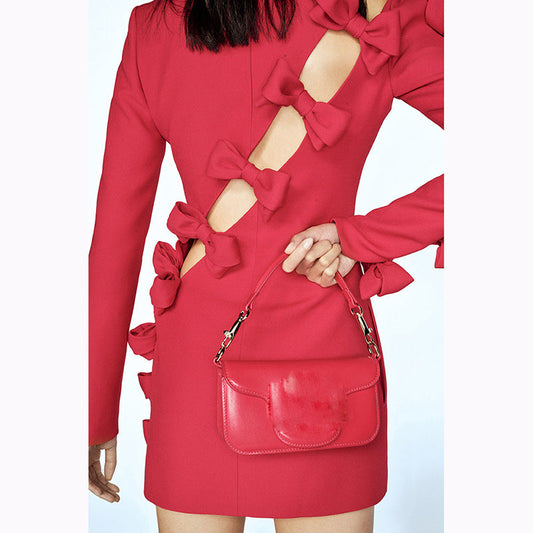 Early Autumn Star Personality Asymmetric Hollow Out Cutout Bow Dress Small Dress