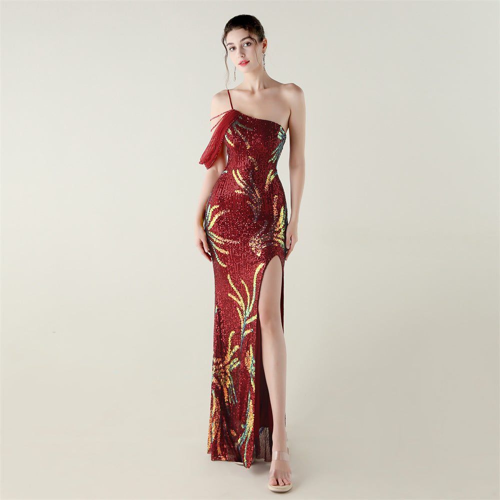 Sequin Mesh Craft Beaded Evening Dress off the Shoulder High Slit Fishtail Dress Swing Cocktail Social Socialite