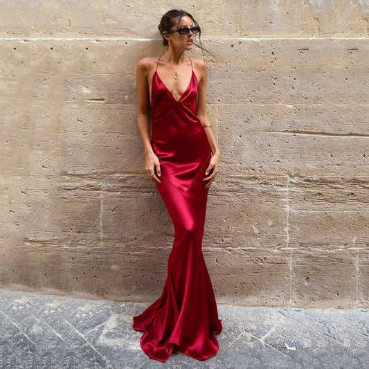 Elegant Satin Evening Dress Cocktail Wine Red Sexy V neck Strap Dress Backless Fishtail Dress