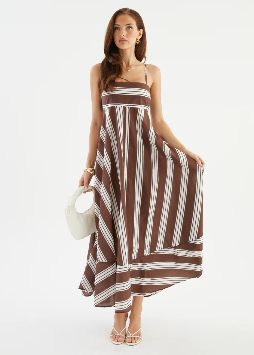 Summer Dress Striped Printed High Waist Big Swing French Cami Dress