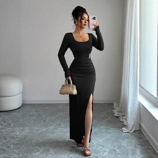 Spring U Collar Solid Color Slim Fit Slimming Knitted Long Sleeve Split Dress