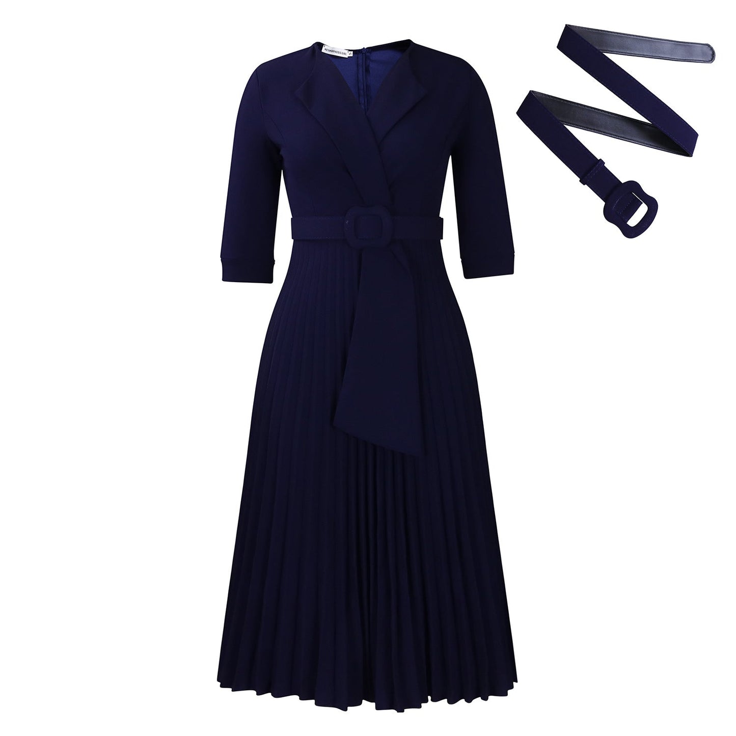 Autumn Winter Women Clothing Office Tailored Collar Pleat Waisted Dress