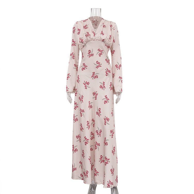 Women Clothing Spring Autumn Elegant Printed Satin Dress V neck Long Sleeve Lace up High Grade Dress