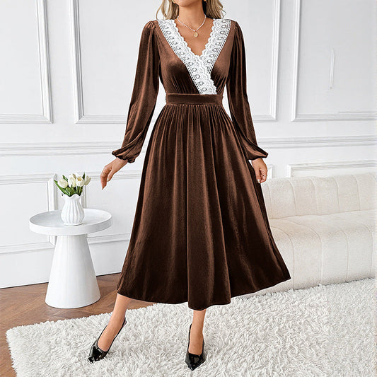 Autumn Winter Maxi Dress Stitching Lace V neck Long Sleeve Velvet Dress Women