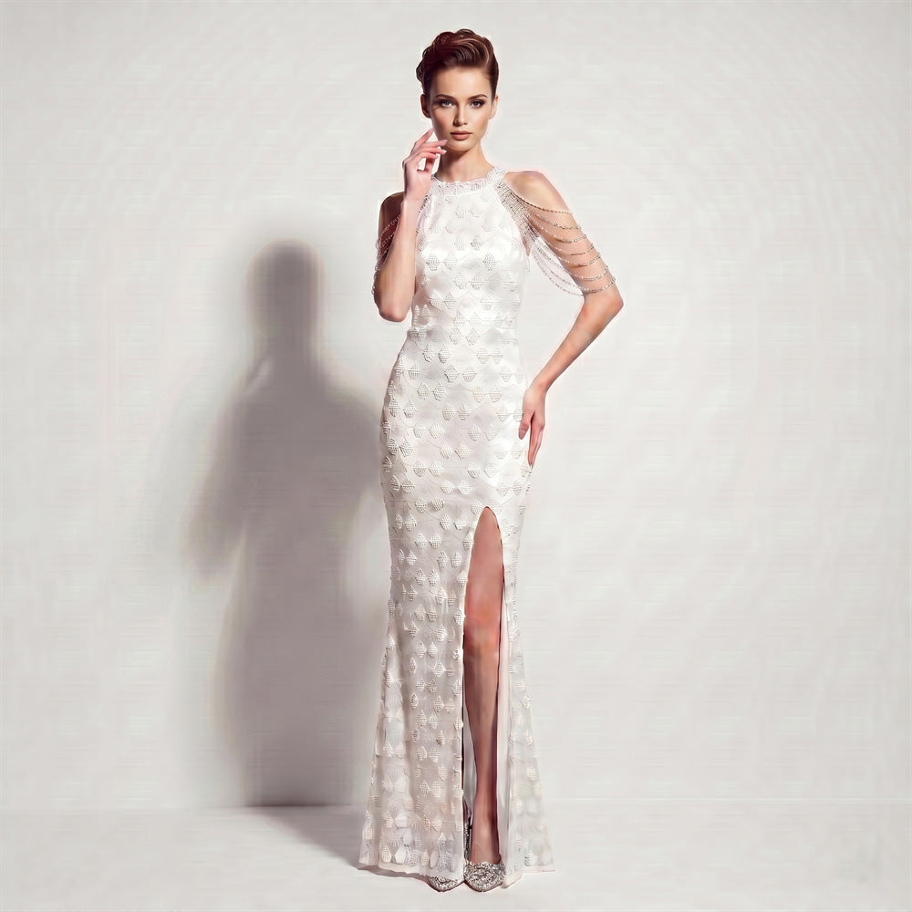 Evening Dress Sequ High Slit Tassel Shoulder Chain Cocktail Party Long Dress