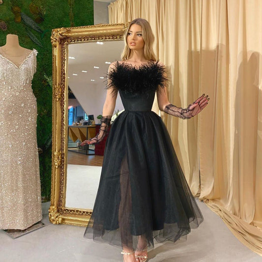 Spring Summer Women Clothing Feather Straps Tulle Elegant Evening Dress
