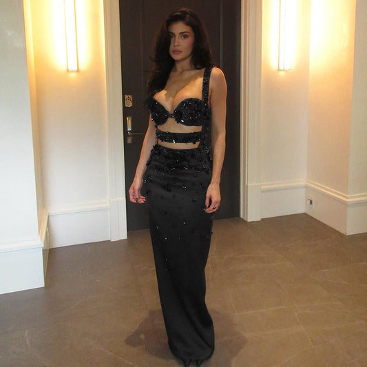 Women Clothing Handmade Embroidered Beads Sling Slim Sheath Dress Tight Bandage Dress Formal Dress