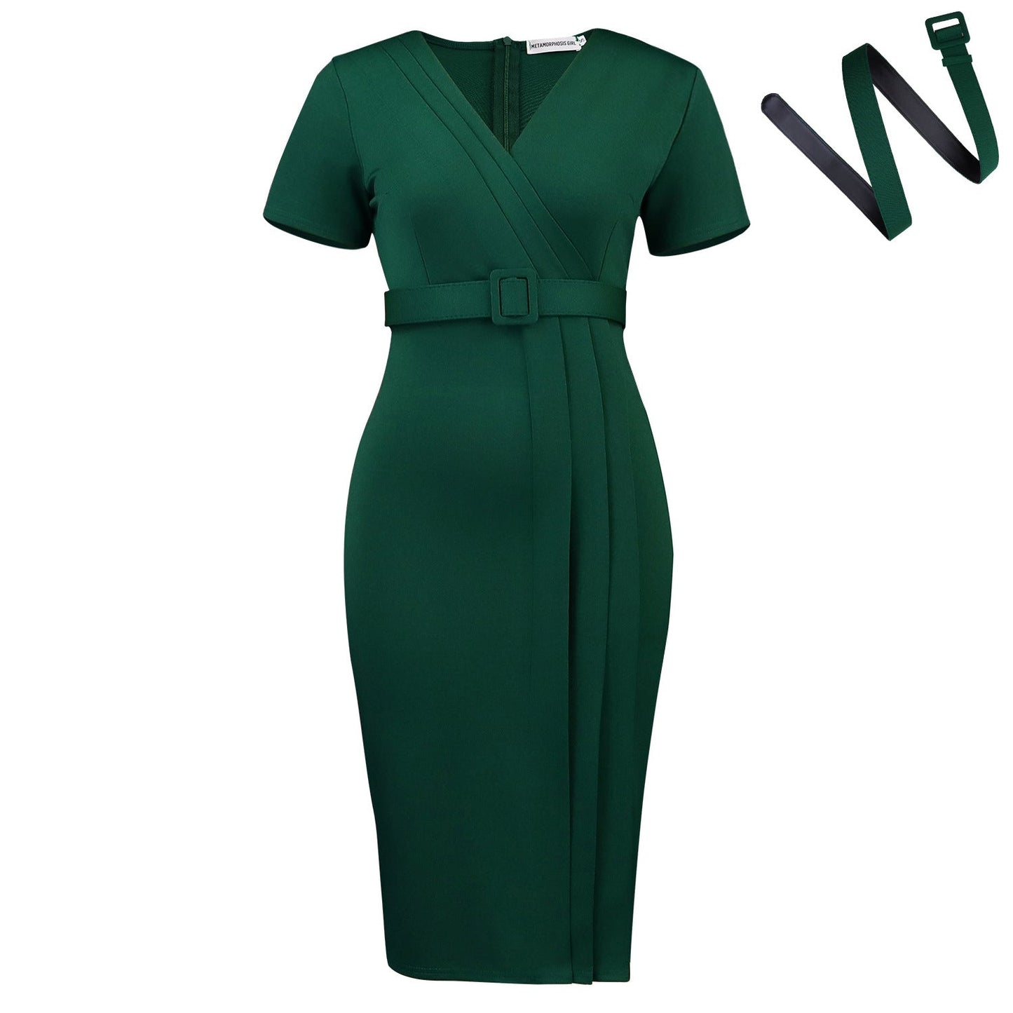 Women Clothing Summer Short Sleeved V neck Fashionable Elegant Solid Color Office Dress
