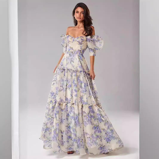 Spring Summer off the Shoulder Women Organza Fairy Long Elegant Evening Dress