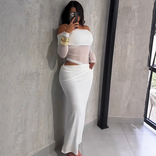 Summer Women Maxi Dress Sexy Mesh Stitching Slim Fit Tube Top Long Sleeve Dress