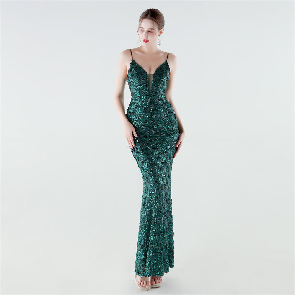Heavy Industry Sequin Slim Deep Fishtail Evening Dress