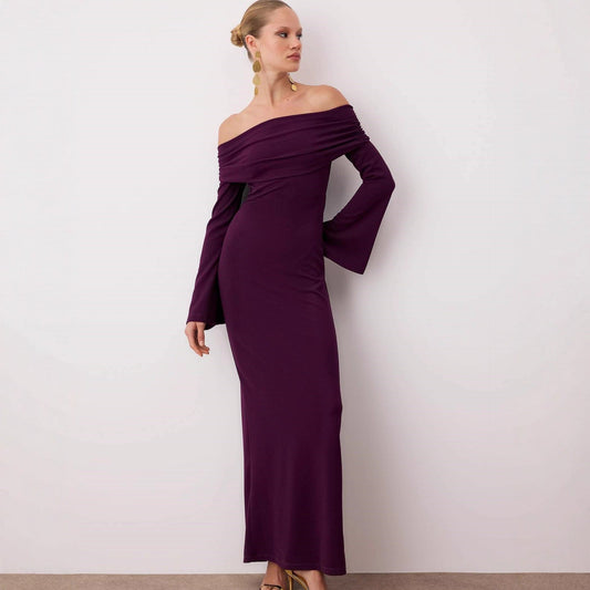 Maxi Dress Women Sexy Solid Color off Shoulder Pleated Long Sleeve Autumn Dress Women