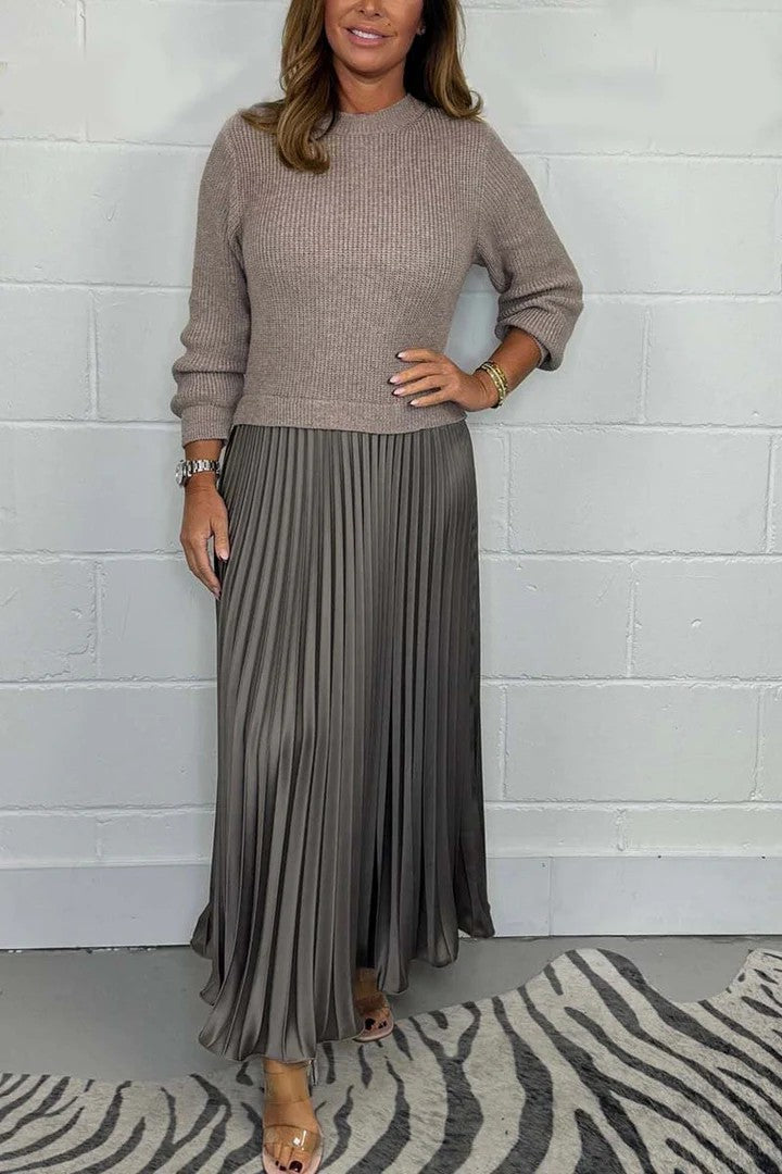 New Autumn Winter Women round Neck Top Sunken Stripe Pleated Dress