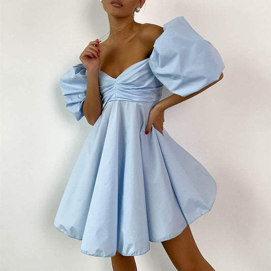 Off Neck Short Dress for Women Summer Puff Sleeve High Waist A line Dress French Princess Dress for Women