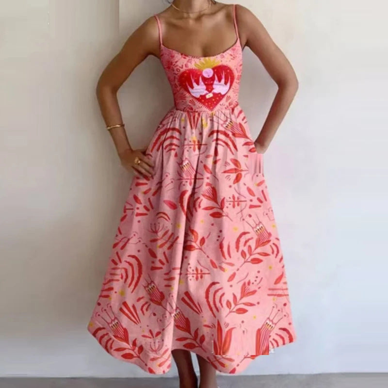 Spring Women Clothing Printing Pleated Waist Tight Large Swing Sling Dress
