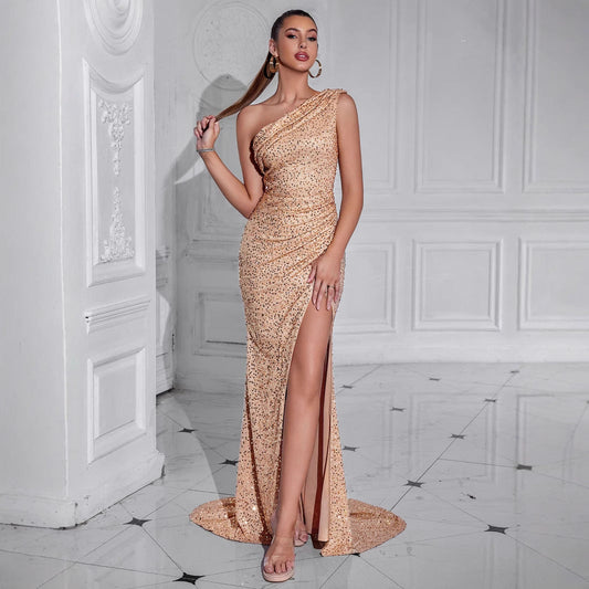 Women Sexy High Split Dress Oblique Shoulder Gorgeous Party Dinner Dress