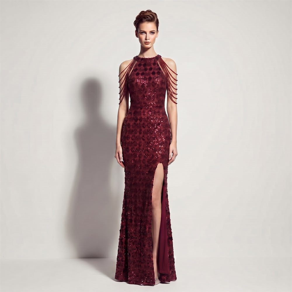 Evening Dress Sequ High Slit Tassel Shoulder Chain Cocktail Party Long Dress