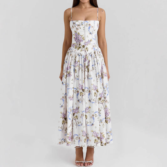Sexy Printing Slip Dress Summer Slim Fit Backless Maxi Dress Elegant High Sense Summer Beautiful Dress