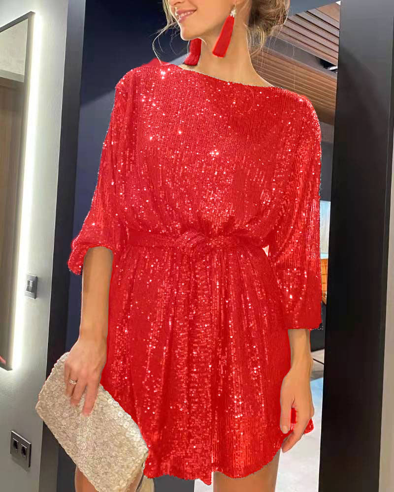 Festival Party Fashionable Sequ Sequin Color Waist-Tight Dress