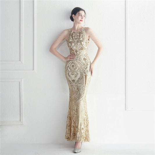 Craft Beaded Positioning Floral Sequin Star Wedding Prom Maxi Dress