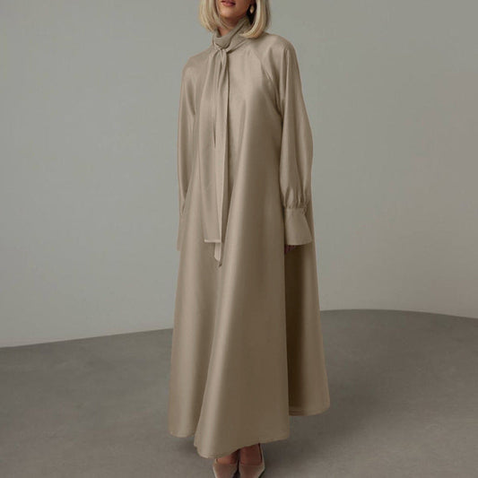 Women Clothing Stand up Collar Tie Dress Long Sleeve Side Slit Loose Casual Dress