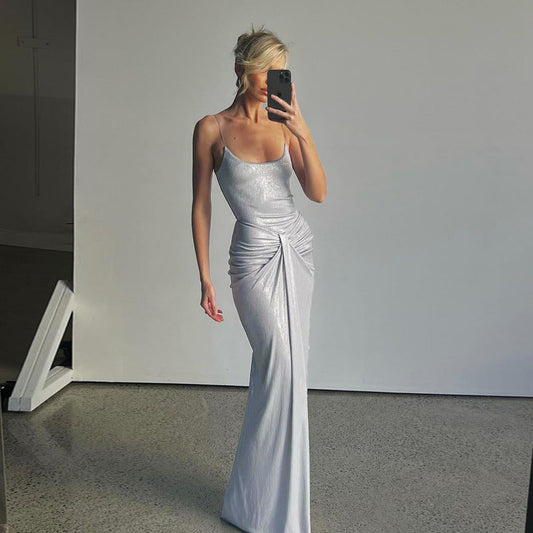 Sexy Adult Lady like Woman Women Clothing Crumpled Twisted Tight Waist Tall Slim Long Sling Dress