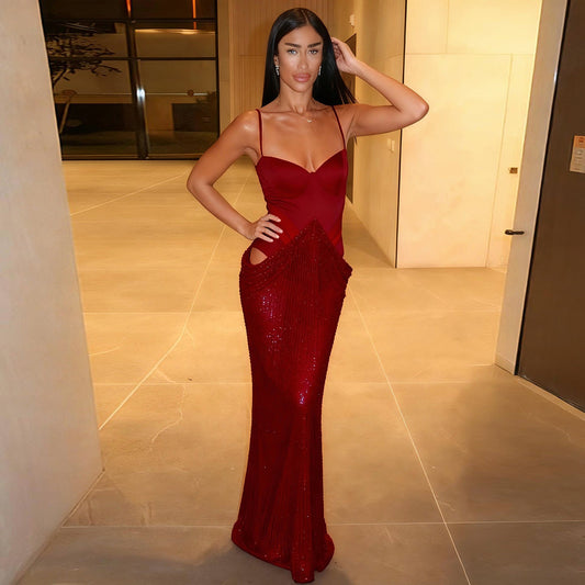 Elegant Graceful Women Cocktail Dress Sequined Chest Split Boning Corset Cropped Outfit Hollow Out Cutout Dress