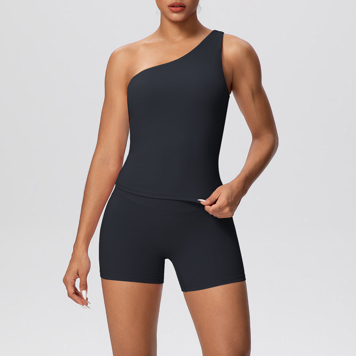 Women Solid Color Oblique Shoulder Strap Beauty Back Exercise Vest Yoga Pants Running Slim Shorts Fitness Yoga Wear Set