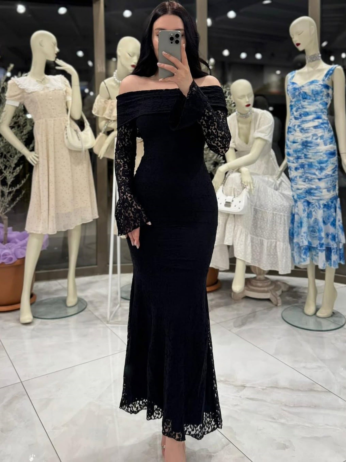 Women Maxi Dress off Shoulder Sexy Lace Long Sleeve Dress