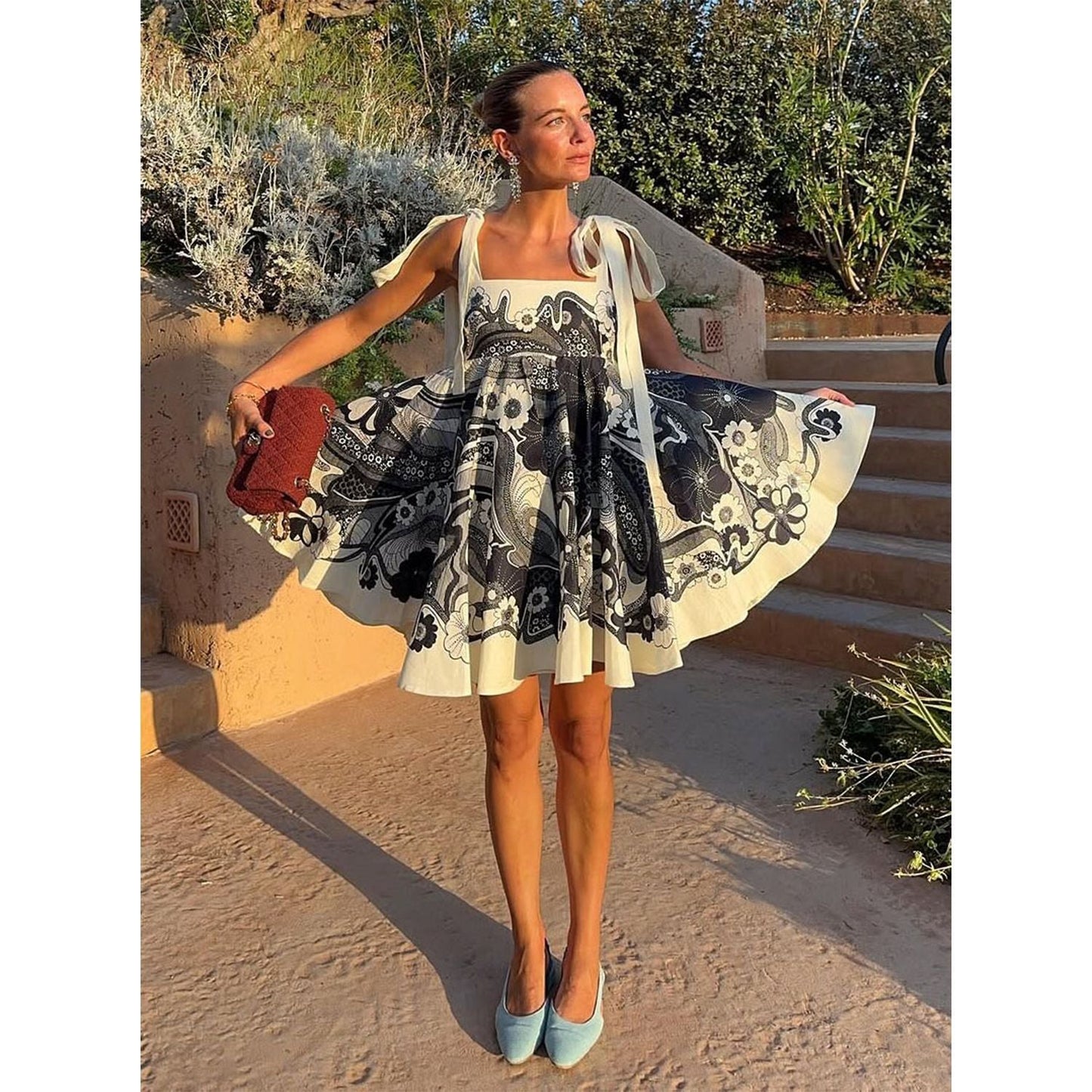 Spring Summer Holiday Positioning Printing Lace up Short Dress
