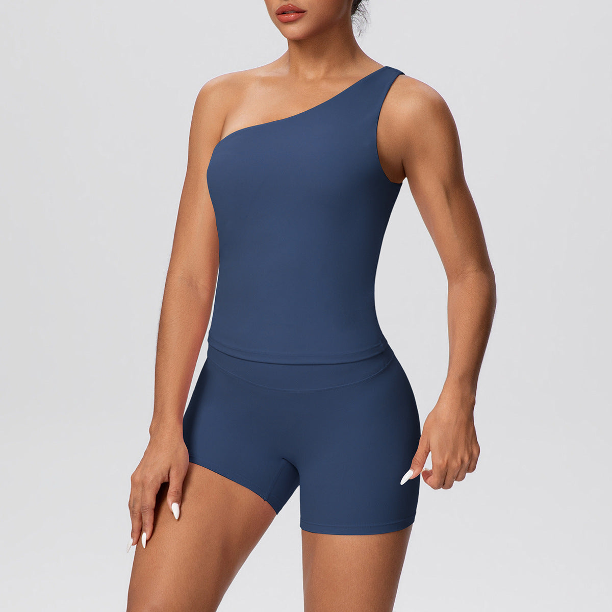 Women Solid Color Oblique Shoulder Strap Beauty Back Exercise Vest Yoga Pants Running Slim Shorts Fitness Yoga Wear Set