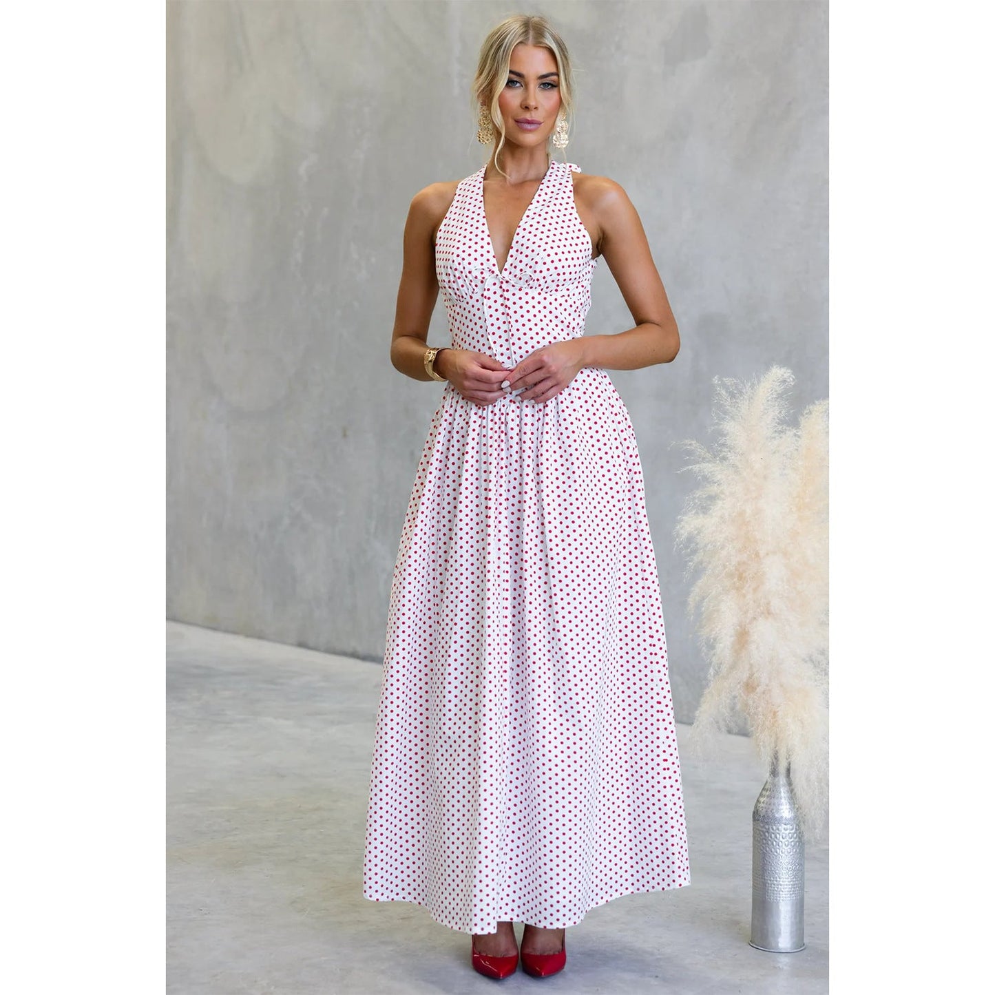 Goods Polka Dot Halter Deep V Plunge Dress Vacation Dress