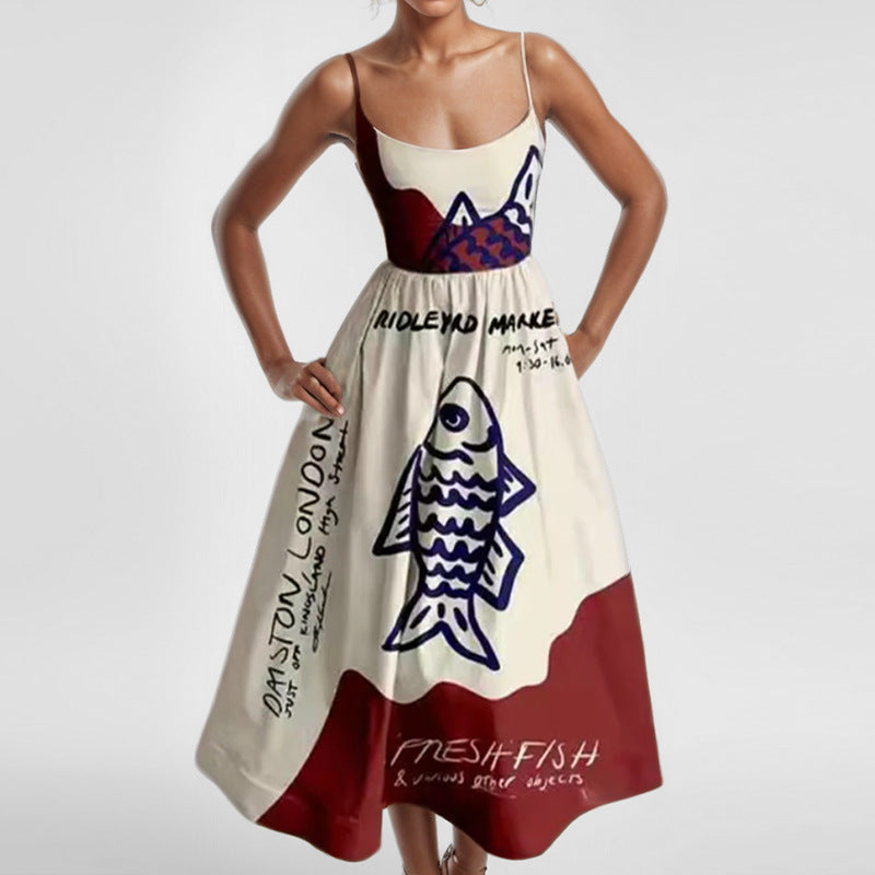 Spring Women Clothing Printing Pleated Waist Tight Large Swing Sling Dress