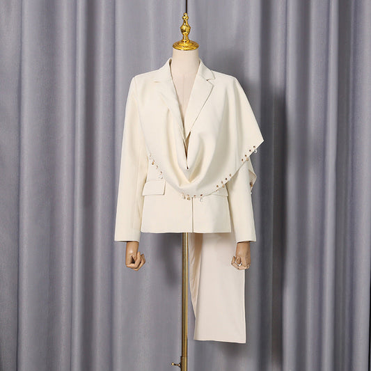 Spring Elegant Metal Ring Stitching Design Long Sleeve Shawl Blazer Women