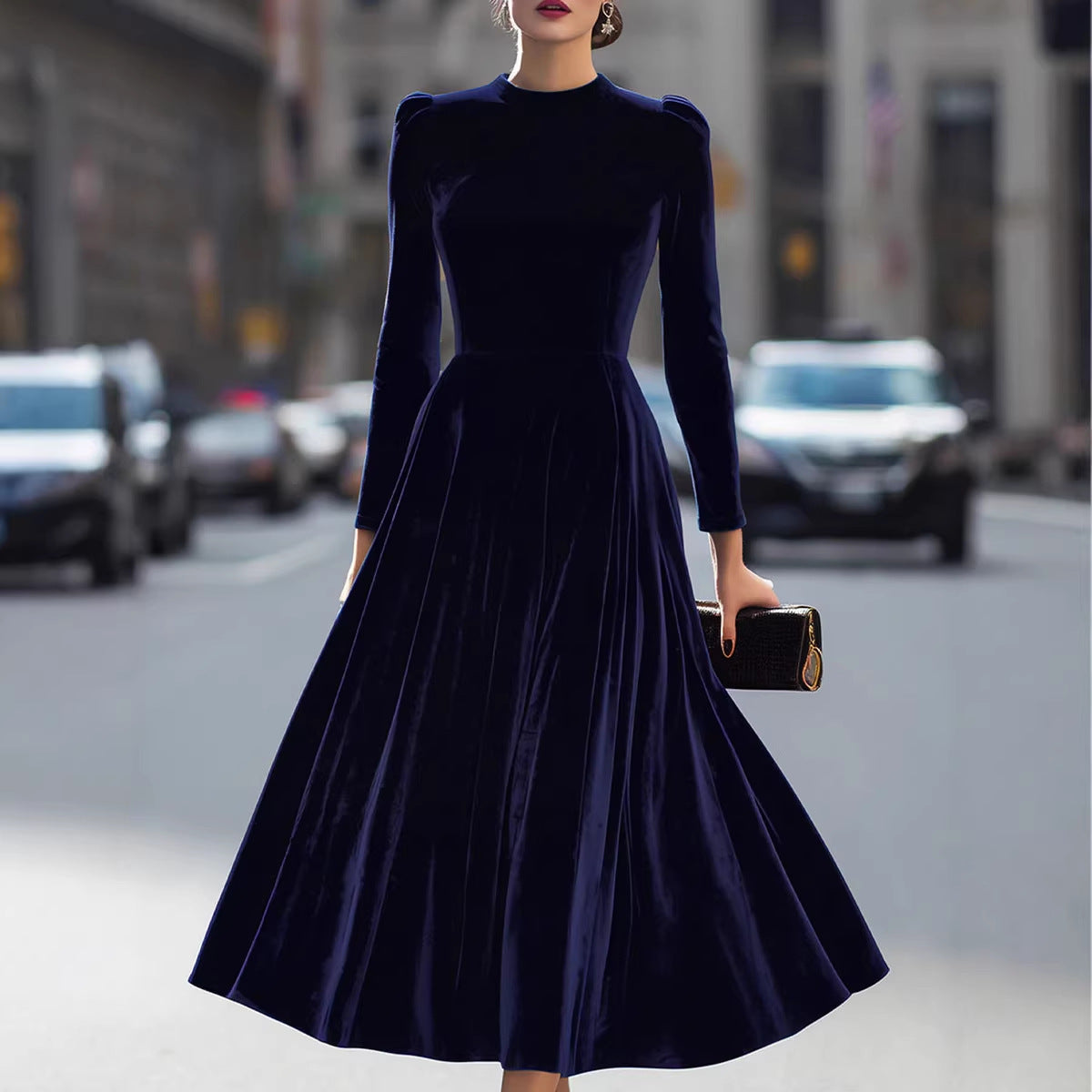 Women Clothing Spring Summer round Neck Korean Velvet Elegant Long Sleeved Dress